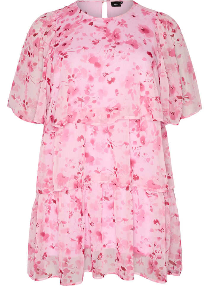 Kurzes Kleid in Chiffon-Optik mit Blumenprint und Volantlagen, Pink, Packshot image number 0