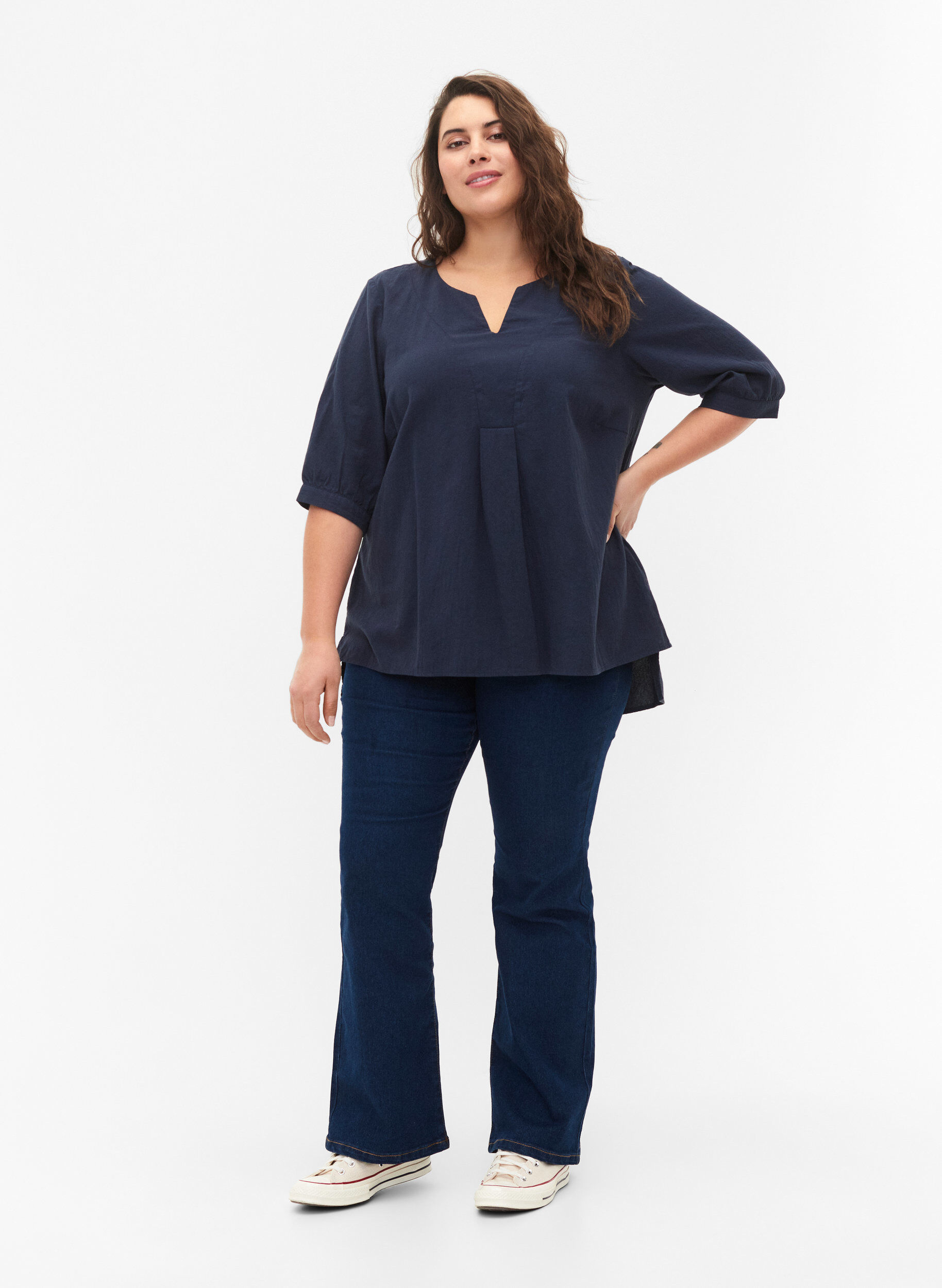 Zizzi FLASH - Bluse aus Baumwolle mit halblangen &Auml;rmeln, Navy Blazer, Model image number 2
