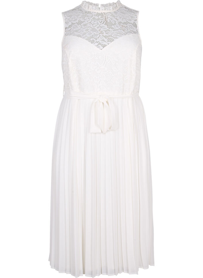 Robe sans manches avec dentelle et plis, Bright White, Packshot image number 0