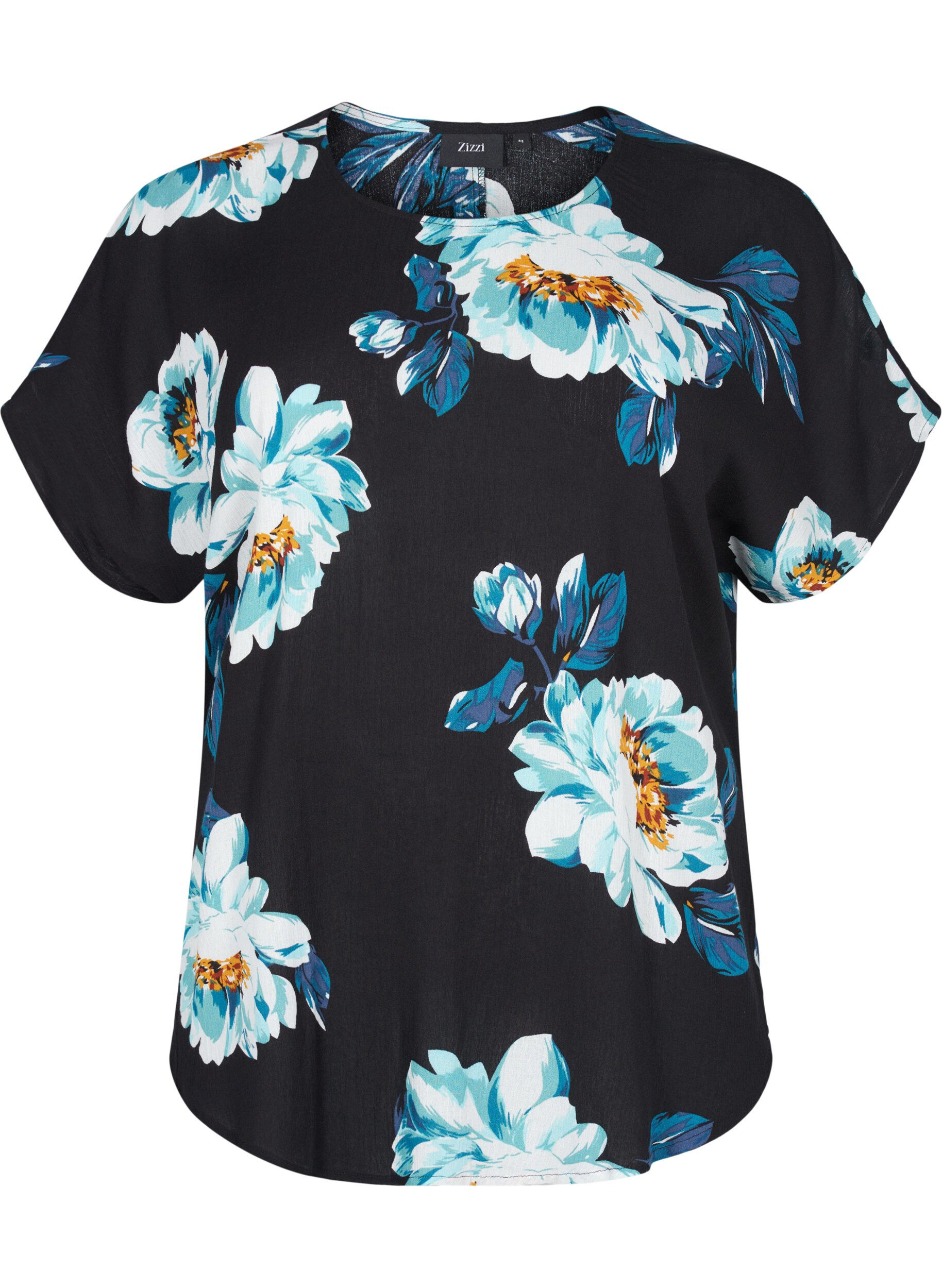 Zizzi Kurzarm Viskosebluse mit Blumenprint, Black Big Flower, Packshot image number 0