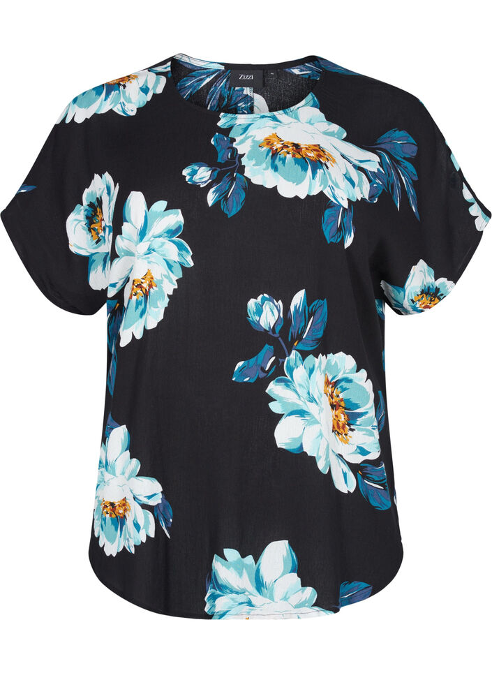Kurzarm Viskosebluse mit Blumenprint, Black Big Flower, Packshot image number 0