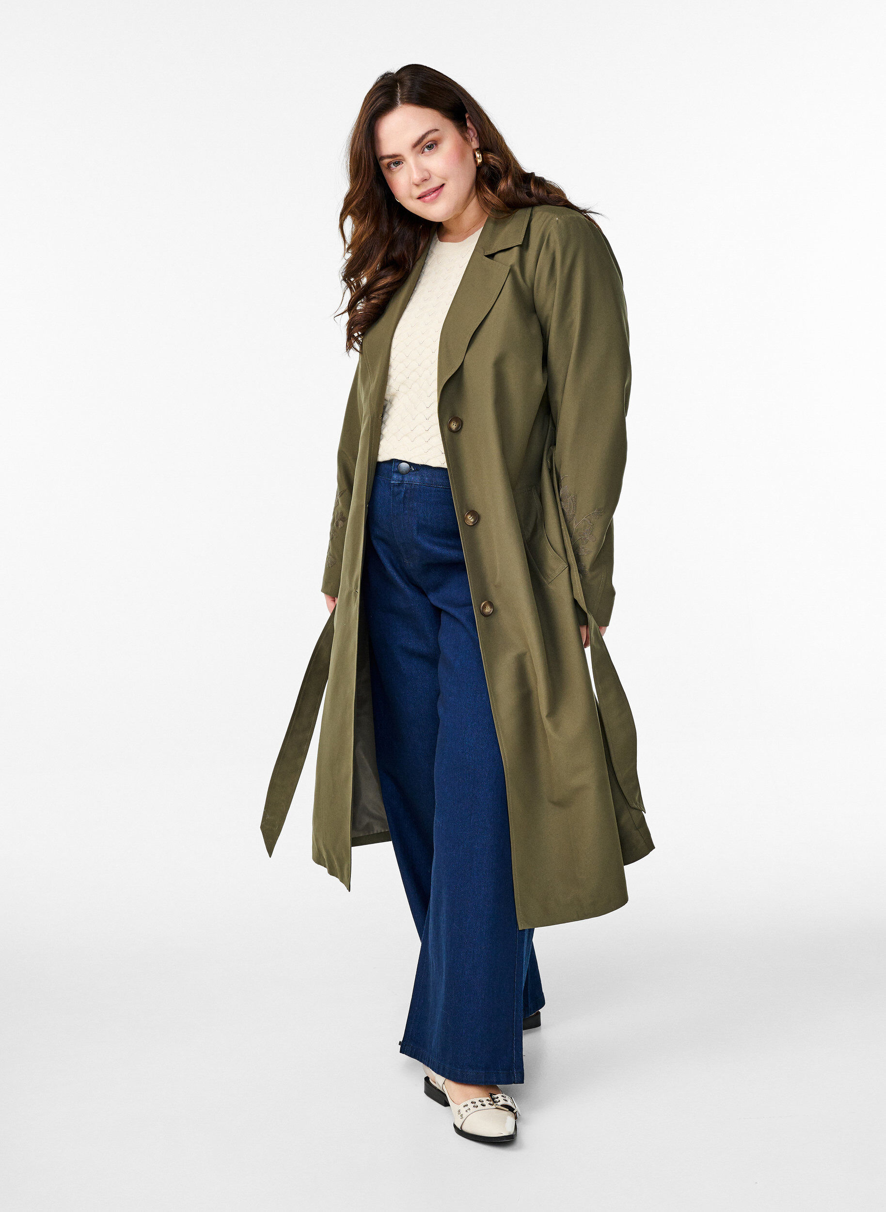 Zizzi Trench long avec broderie, Vert, Model image number 1