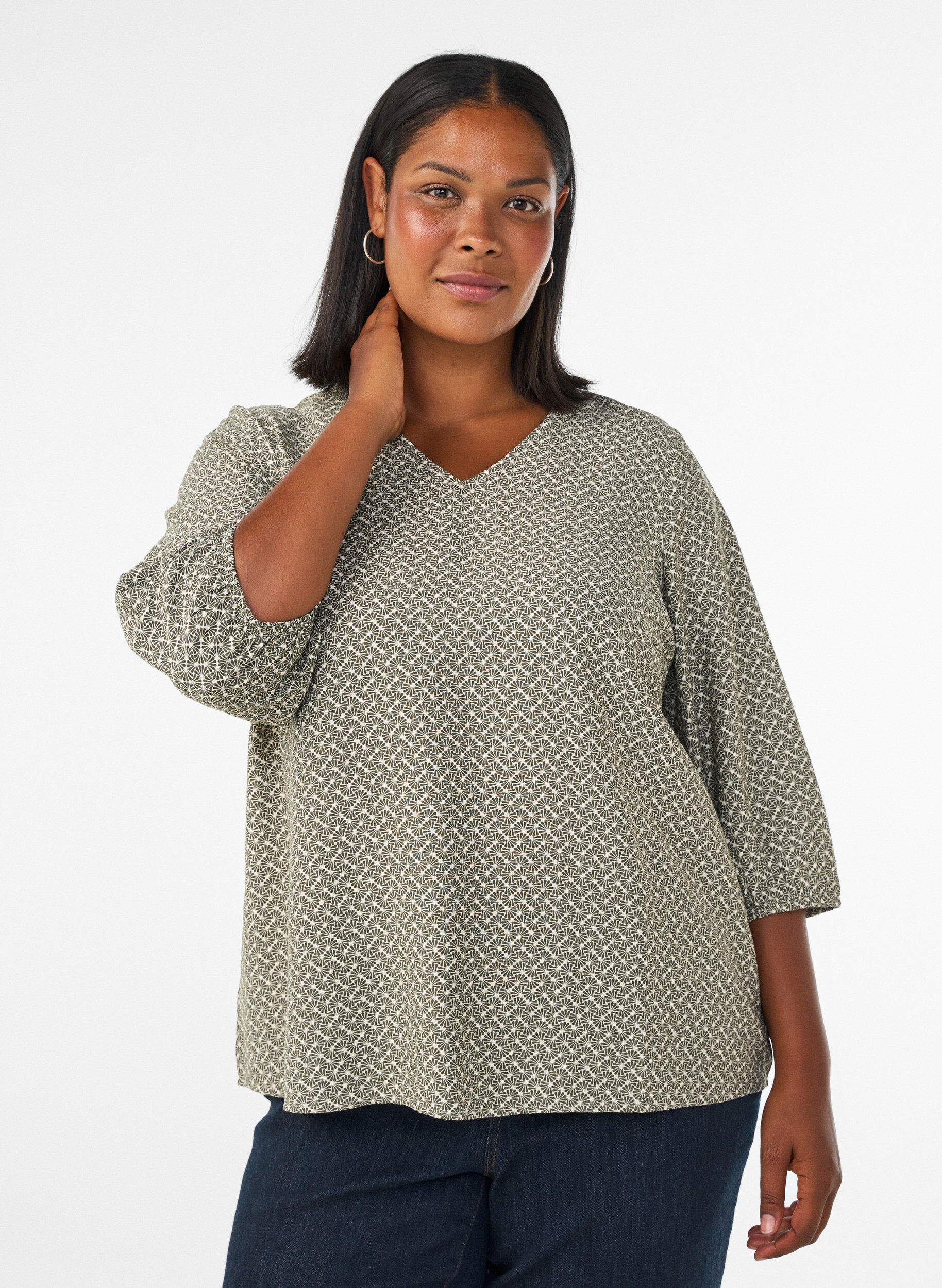 ZizziBlouse imprim&eacute;e en viscose avec manches 3/4, Vert Kaki, Model image number 0