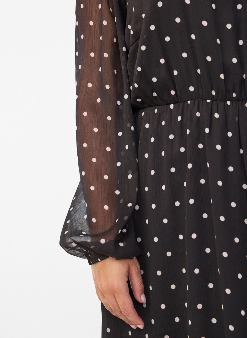 Robe en mousseline &agrave; pois et manches longues, Marron, Model image number 2
