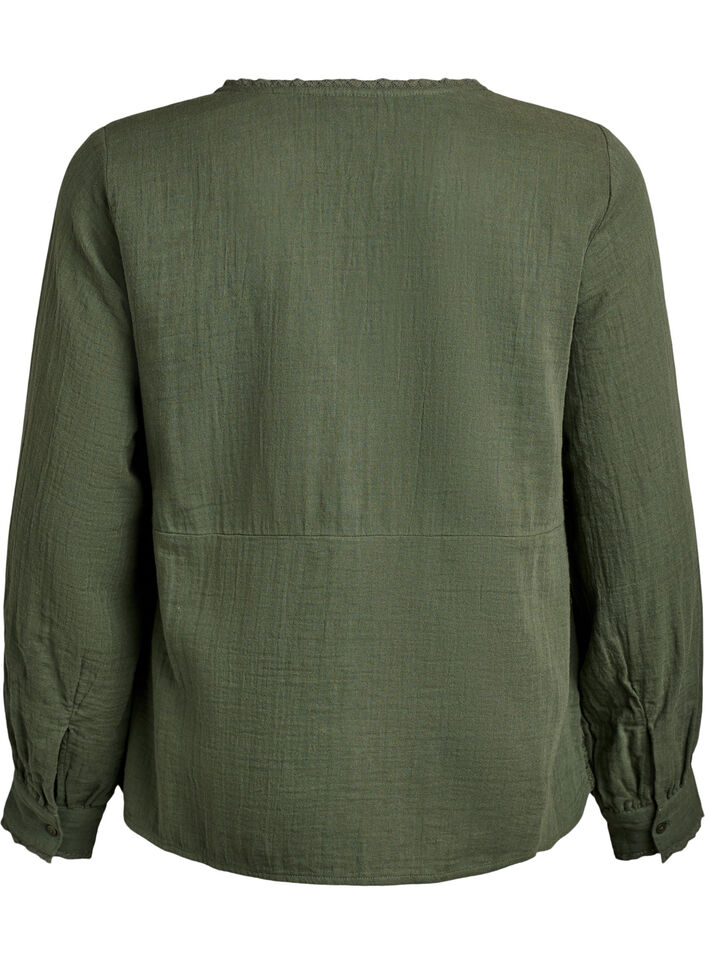 Chemise blouse en mousseline de coton avec détails en crochet, Vert, Packshot image number 1