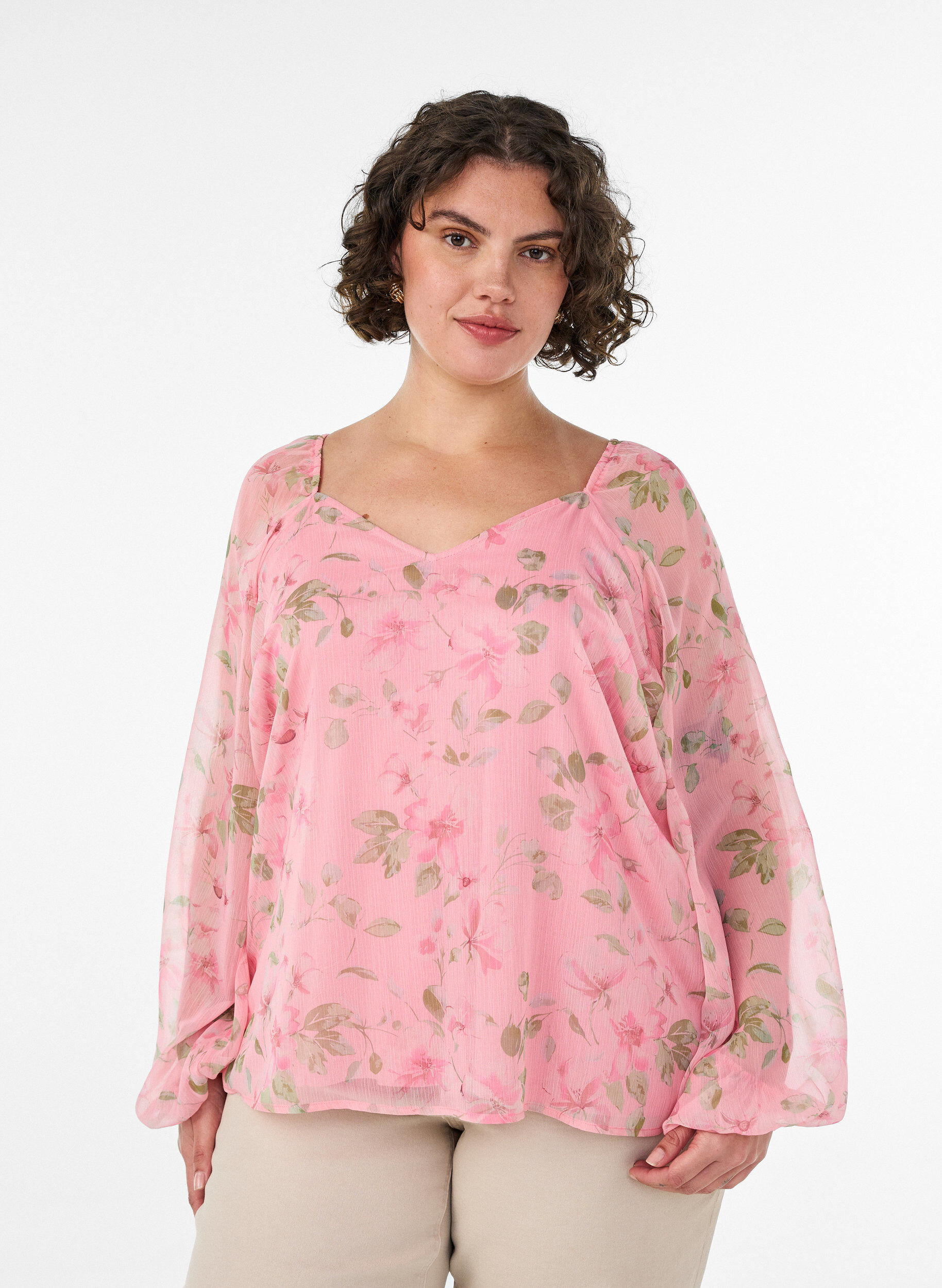 ZizziChemisier en mousseline avec imprim&eacute; floral et manches longues, Rose, Model image number 0