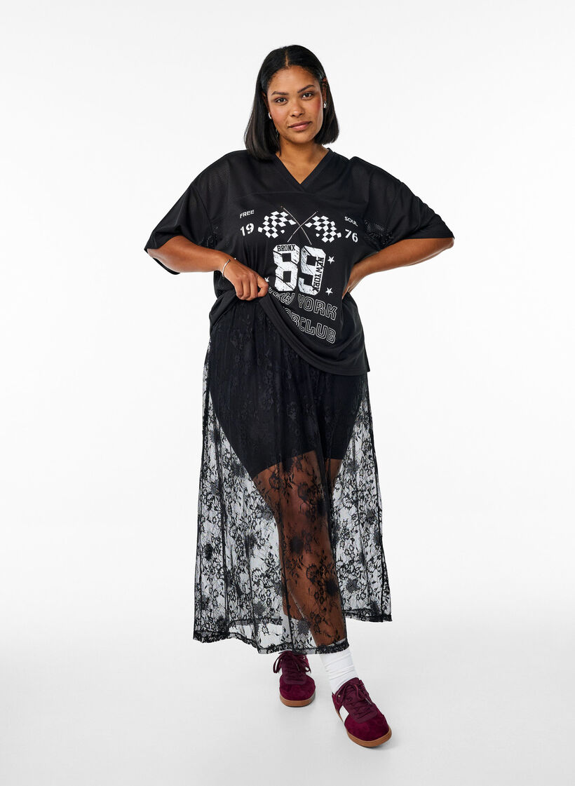 Jupe longue en dentelle transparente, Black, Model image number 0