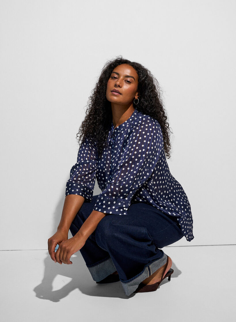 Gemusterte Bluse mit Stehkragen und 3/4-&Auml;rmeln, Blau, Model image number 0