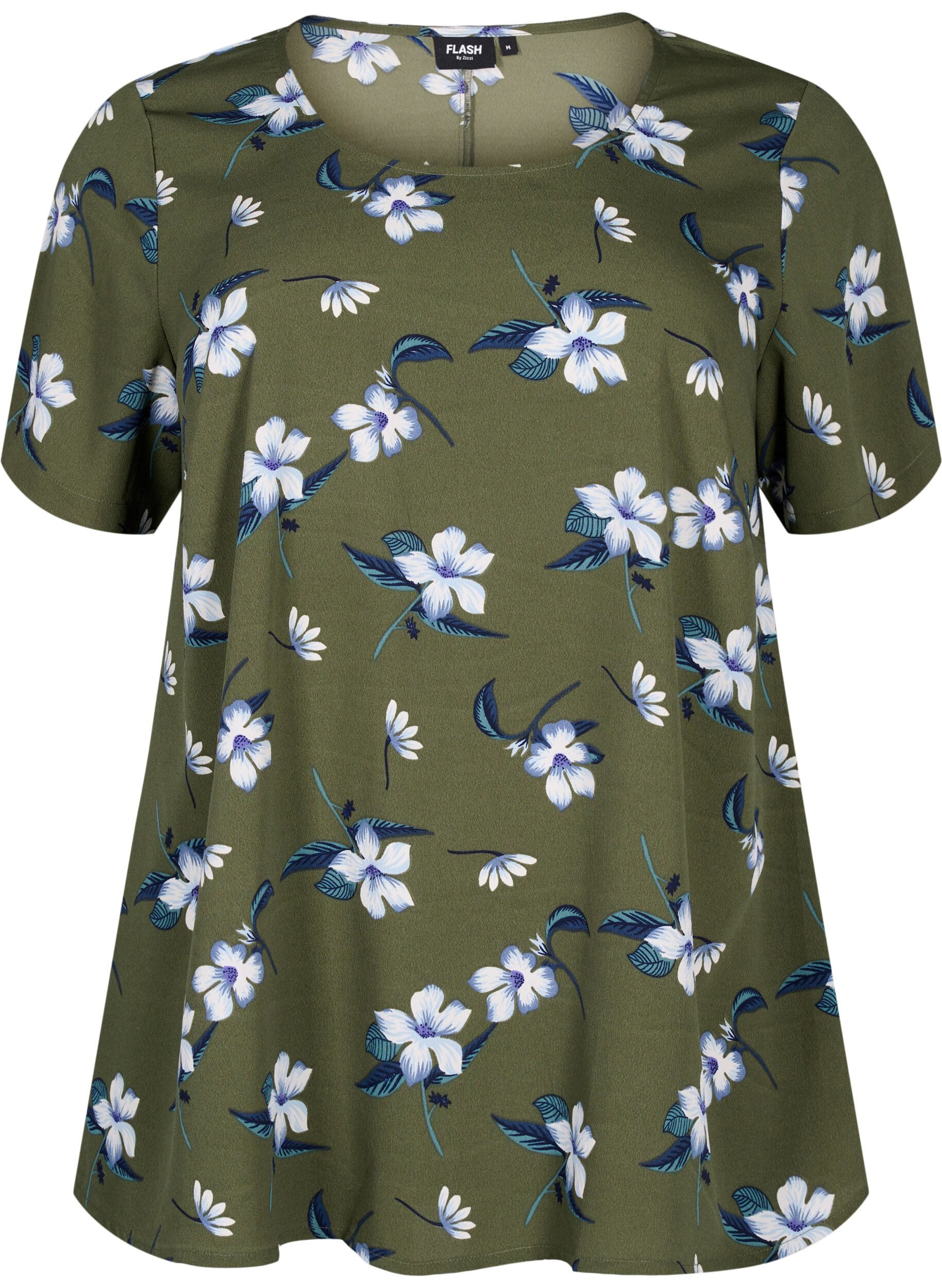 Zizzi FLASH &ndash; Kurz&auml;rmelige Bluse mit Print, Olive Night Flower, Packshot image number 0