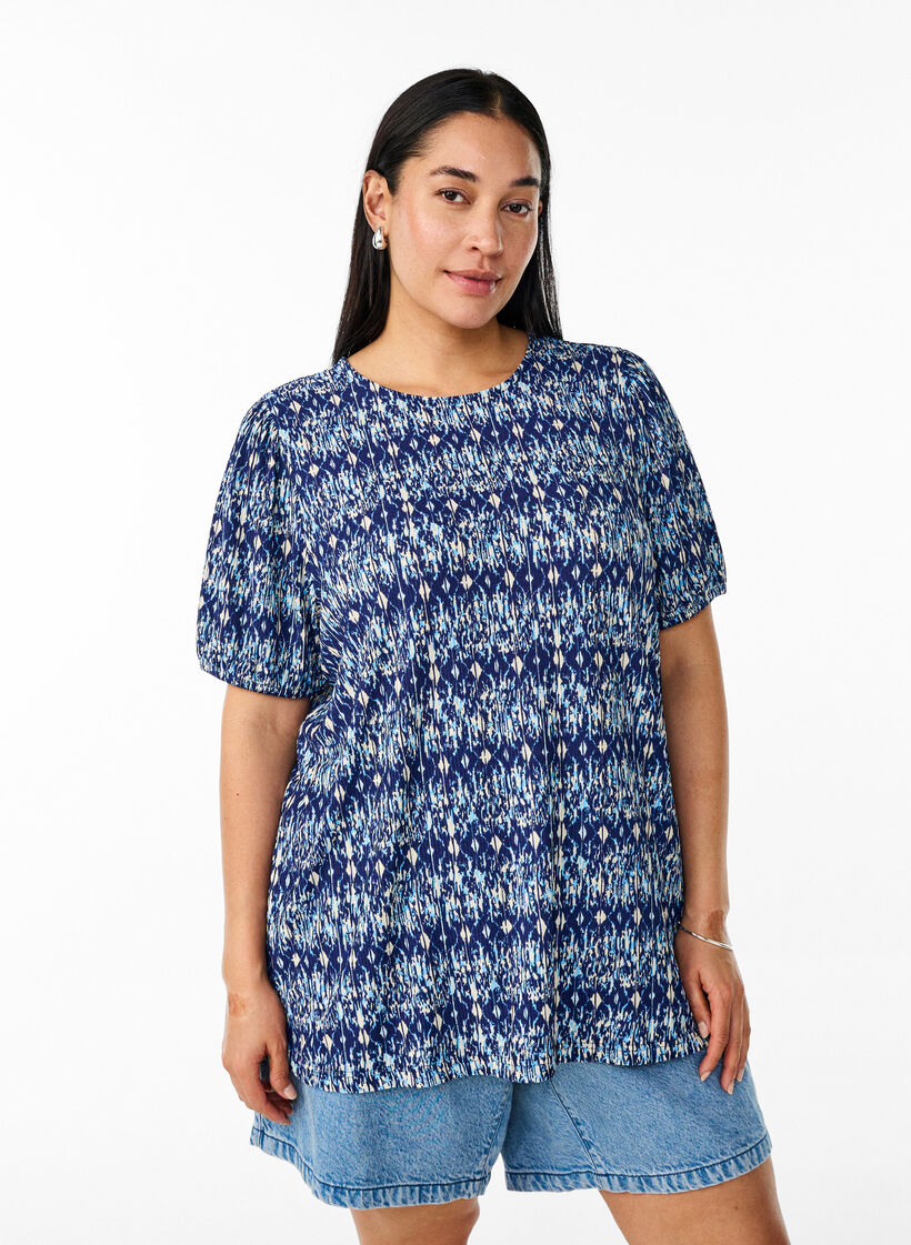 Gemusterte Bluse mit kurzen Ärmeln, Blau, Model image number 0