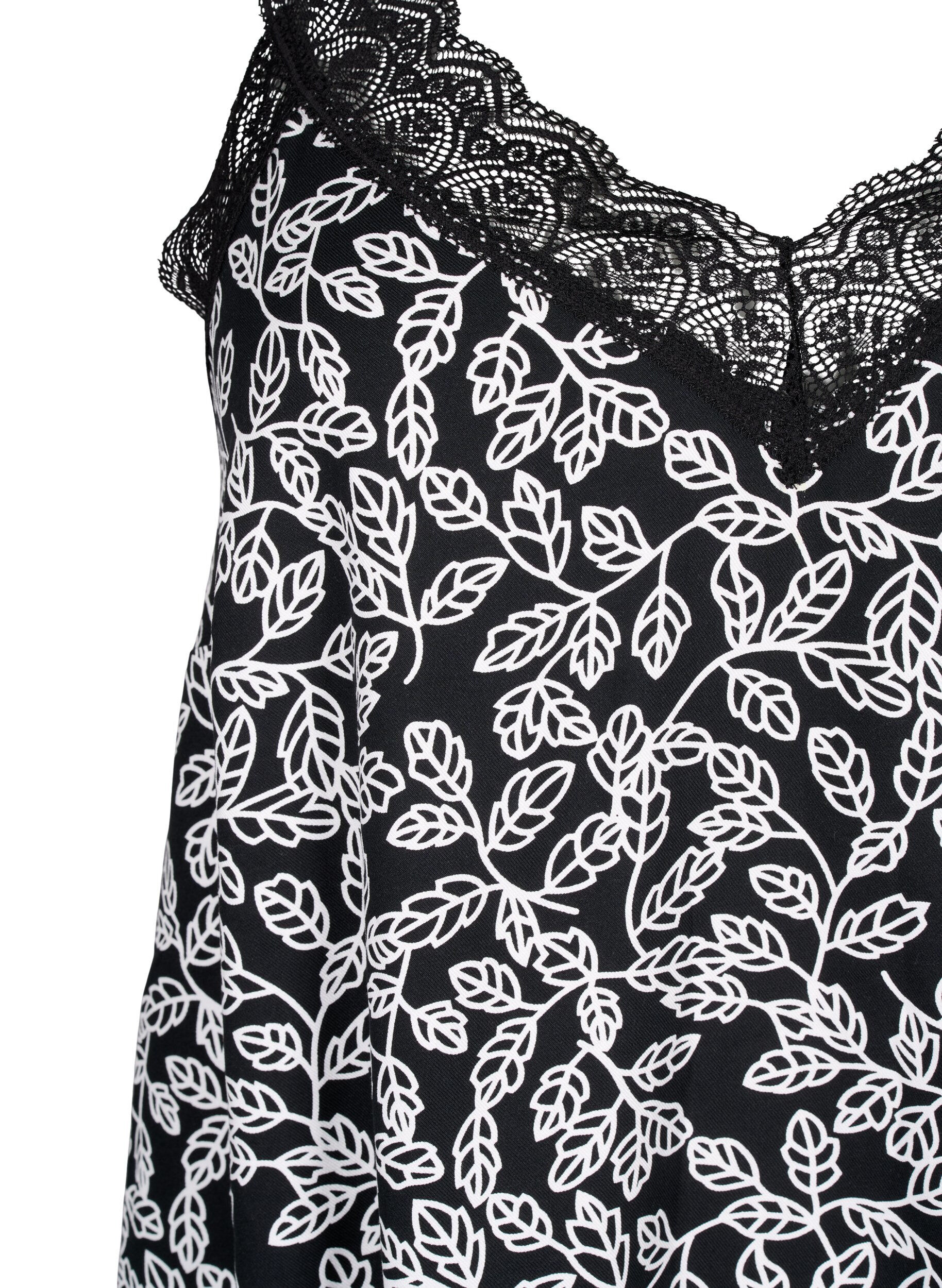 Zizzi Tr&auml;gerkleid aus Viskose mit Spitze, Black w. Wh.Leaf AOP, Packshot image number 2