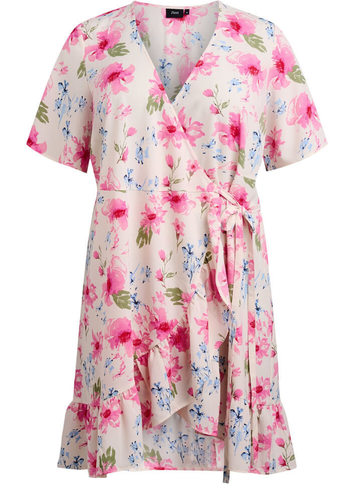 Robe portefeuille florale &agrave; manches courtes, Blanc, Packshot image number 0