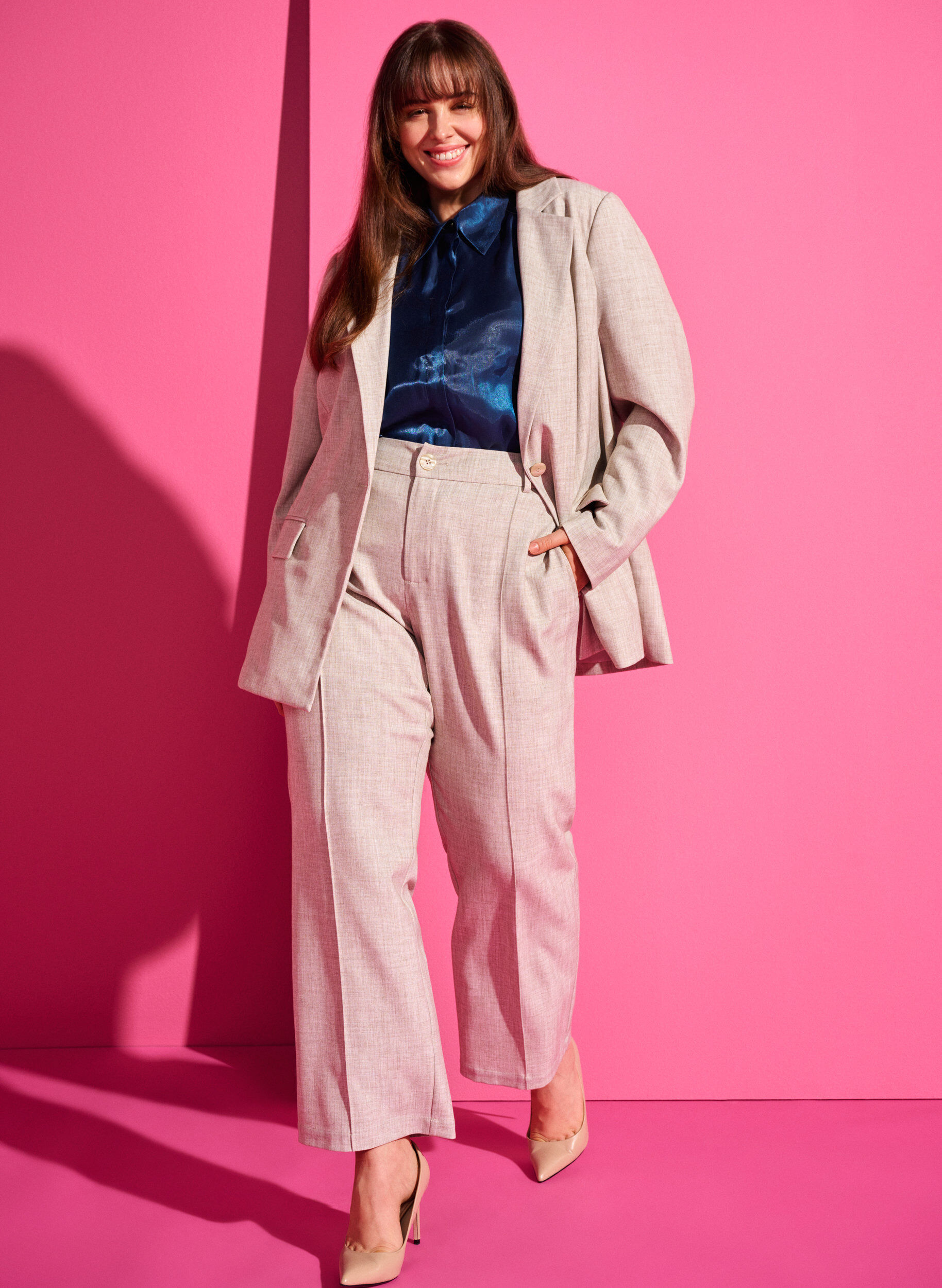 Zizzi Melange-Hose mit elastischem Bund und Knopfverschluss, String, Image image number 0