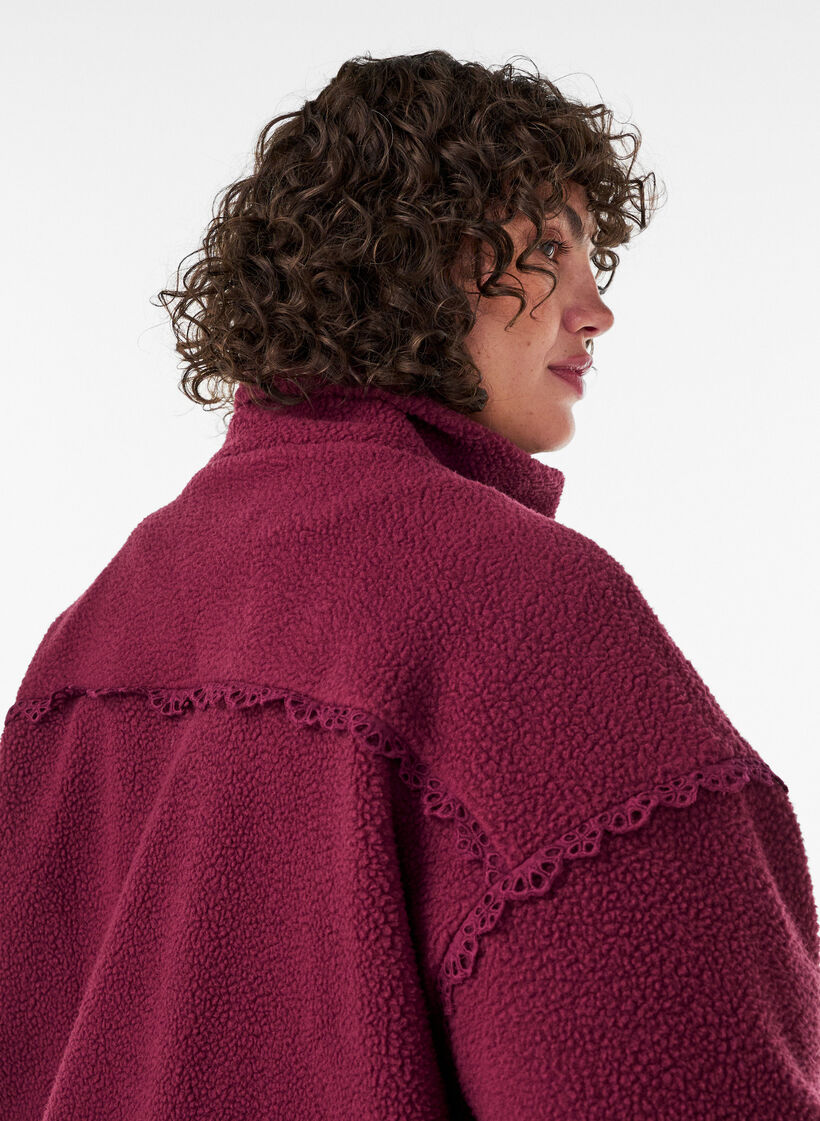 Veste teddy avec finitions en broderie anglaise et col montant, Bordeaux, Model image number 3