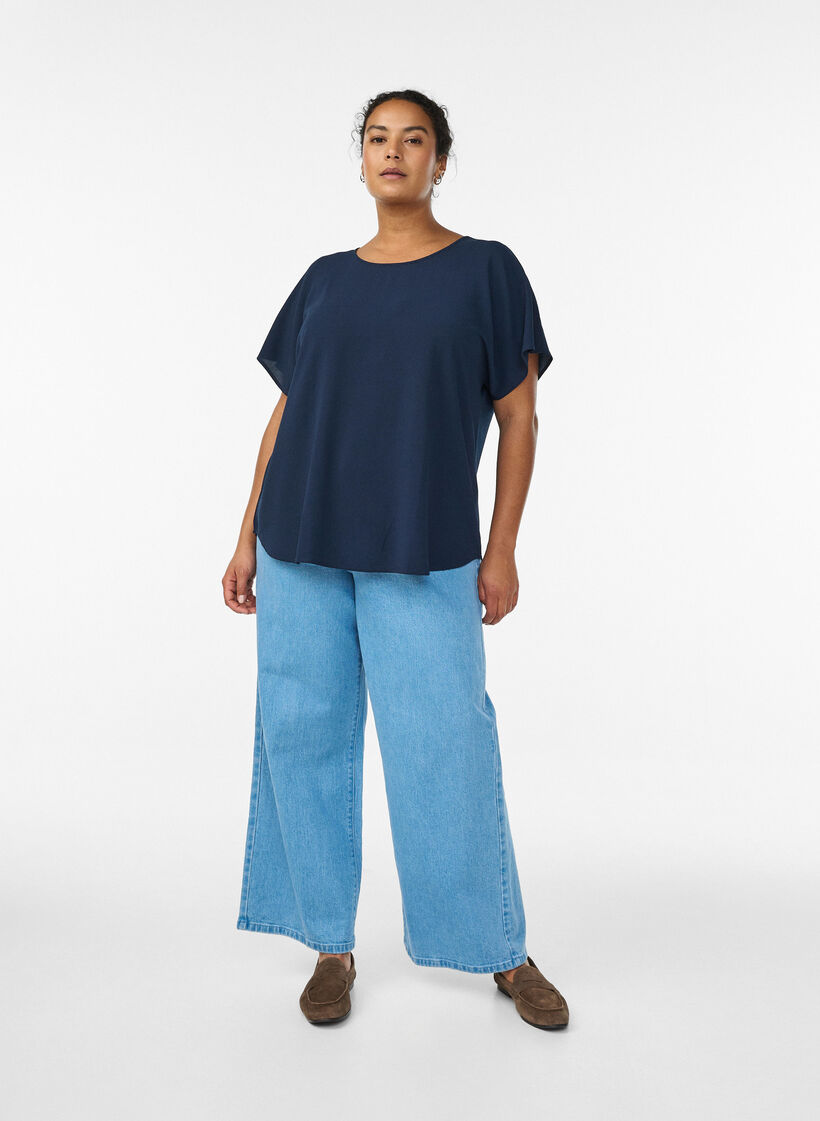 Bluse mit kurzen &Auml;rmeln und Rundhalsausschnitt, Blau, Model image number 1