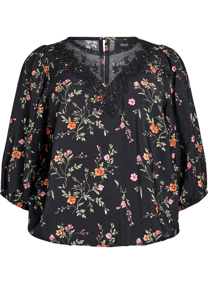 Bluse aus Spitze mit 3/4-&Auml;rmeln, Schwarz, Packshot image number 0