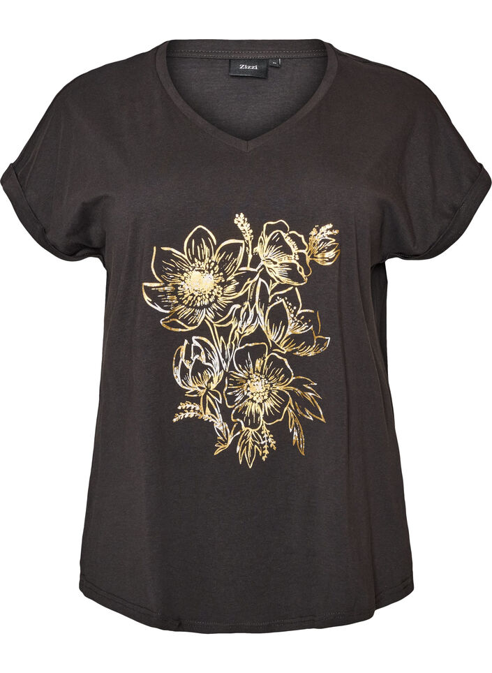 T-shirt en coton avec imprim&eacute; dor&eacute;, Gris anthracite, Packshot image number 0