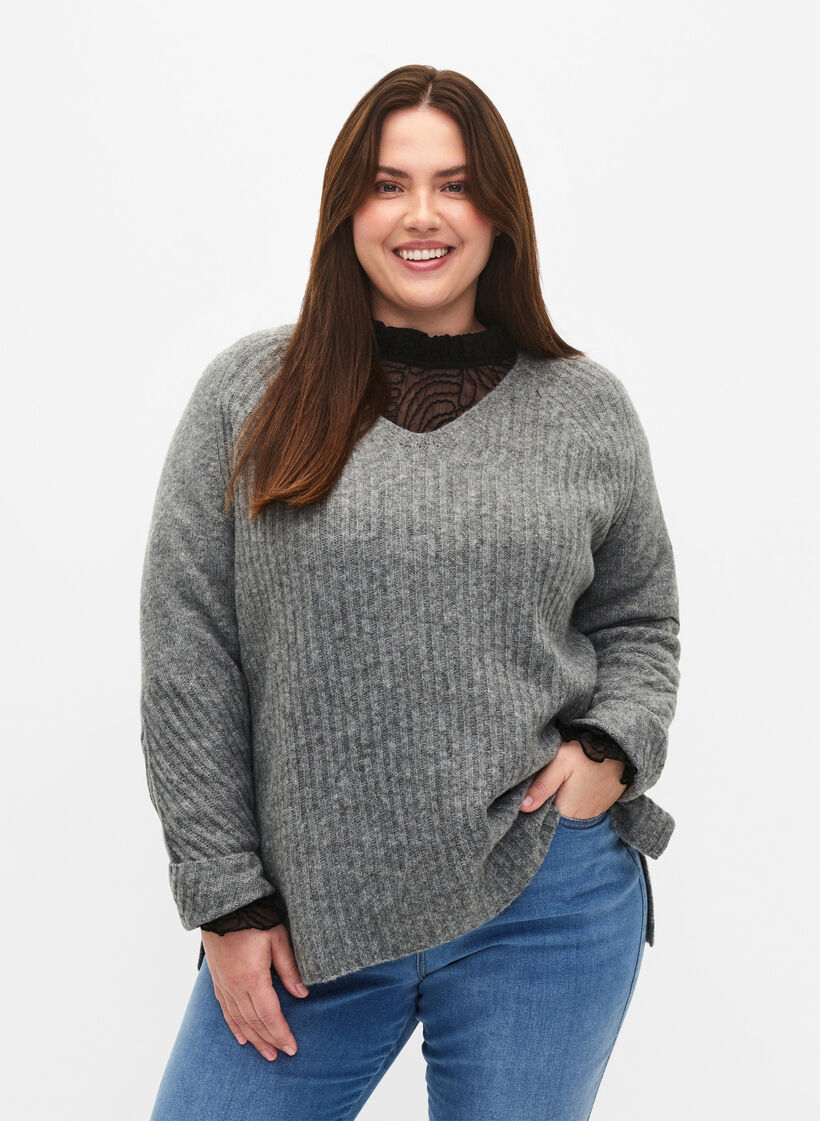 Strickpullover mit Schlitz, Light Grey Melange, Model image number 0