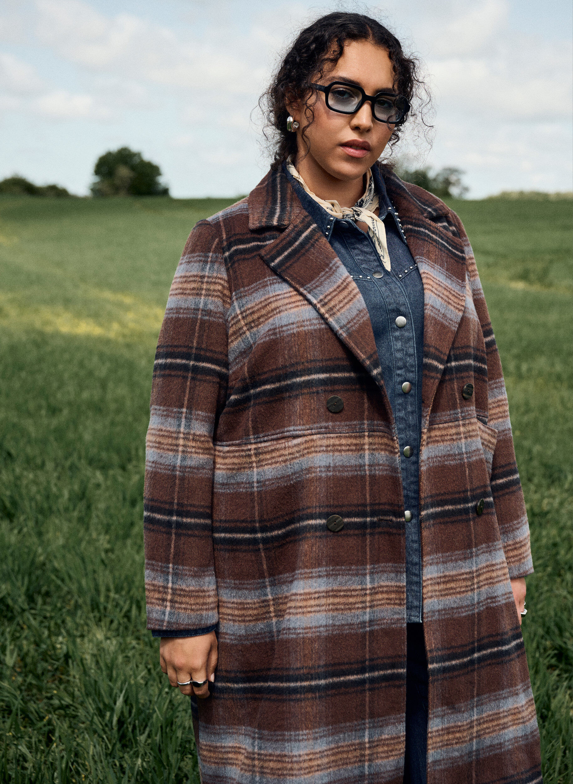 Zizzi Manteau bross&eacute; &agrave; carreaux, Marron, Image image number 0