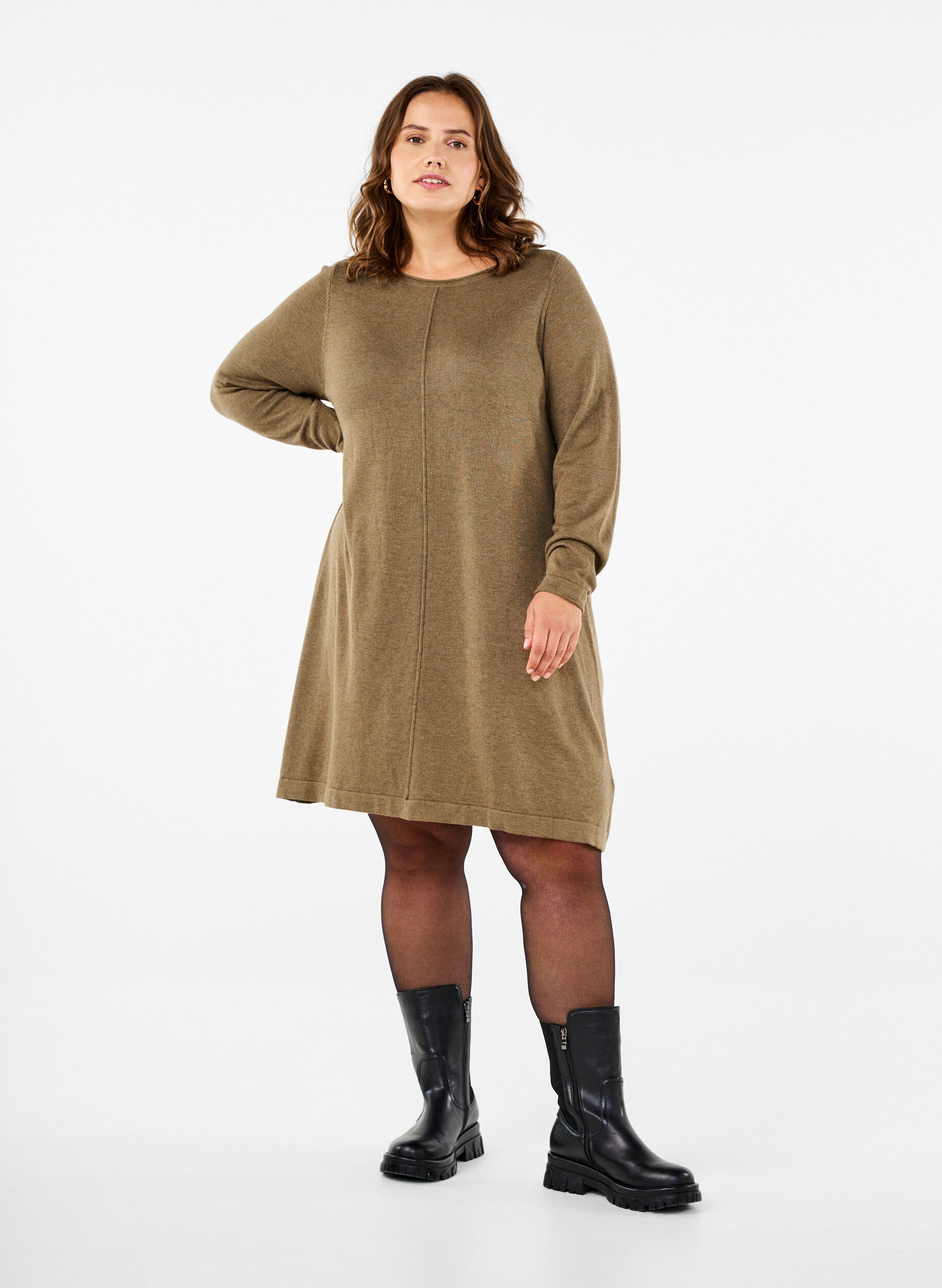 Zizzi Strickkleid aus Baumwoll-Viskose-Mischung, Gr&uuml;n, Model image number 1