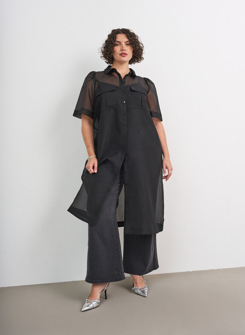 Kleid aus Organza mit Brusttaschen und Puff&auml;rmeln, Schwarz, Model image number 1