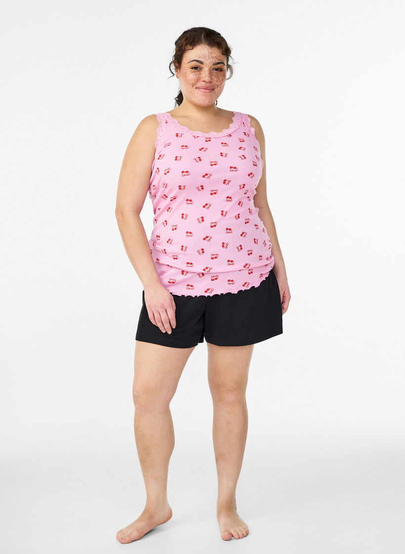 Oberteil mit Aufdruck und Spitzenborte, Pink, Model image number 1