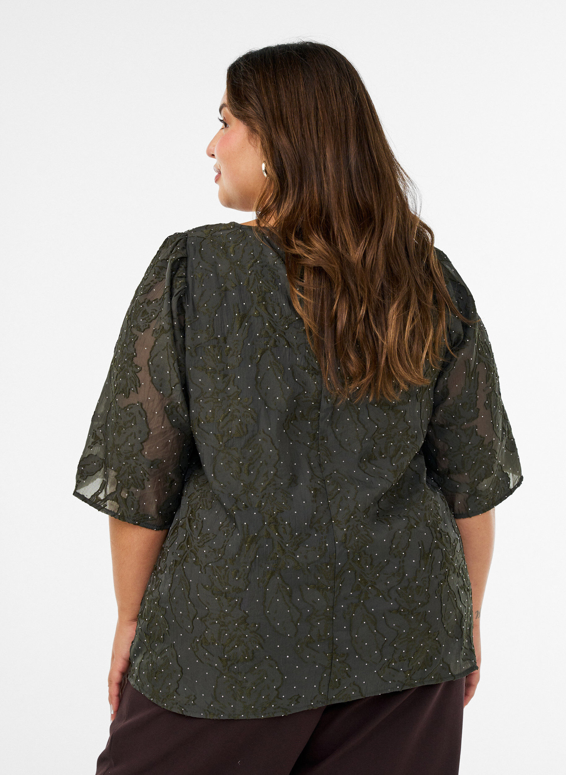 ZizziBlouse jacquard avec d&eacute;tails scintillants et manches bouffantes, Vert fonc&eacute;, Model image number 2
