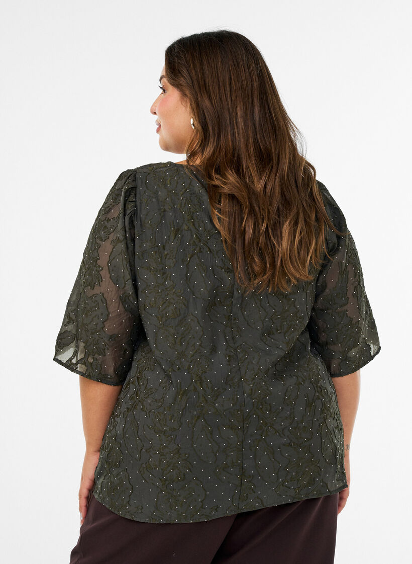 Blouse jacquard avec d&eacute;tails scintillants et manches bouffantes, Vert fonc&eacute;, Model image number 2