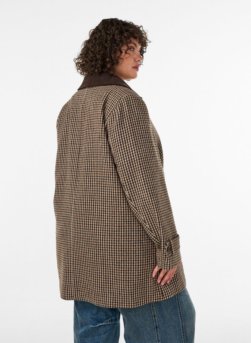 Manteau &agrave; carreaux avec col en velours c&ocirc;tel&eacute;, Marron, Model