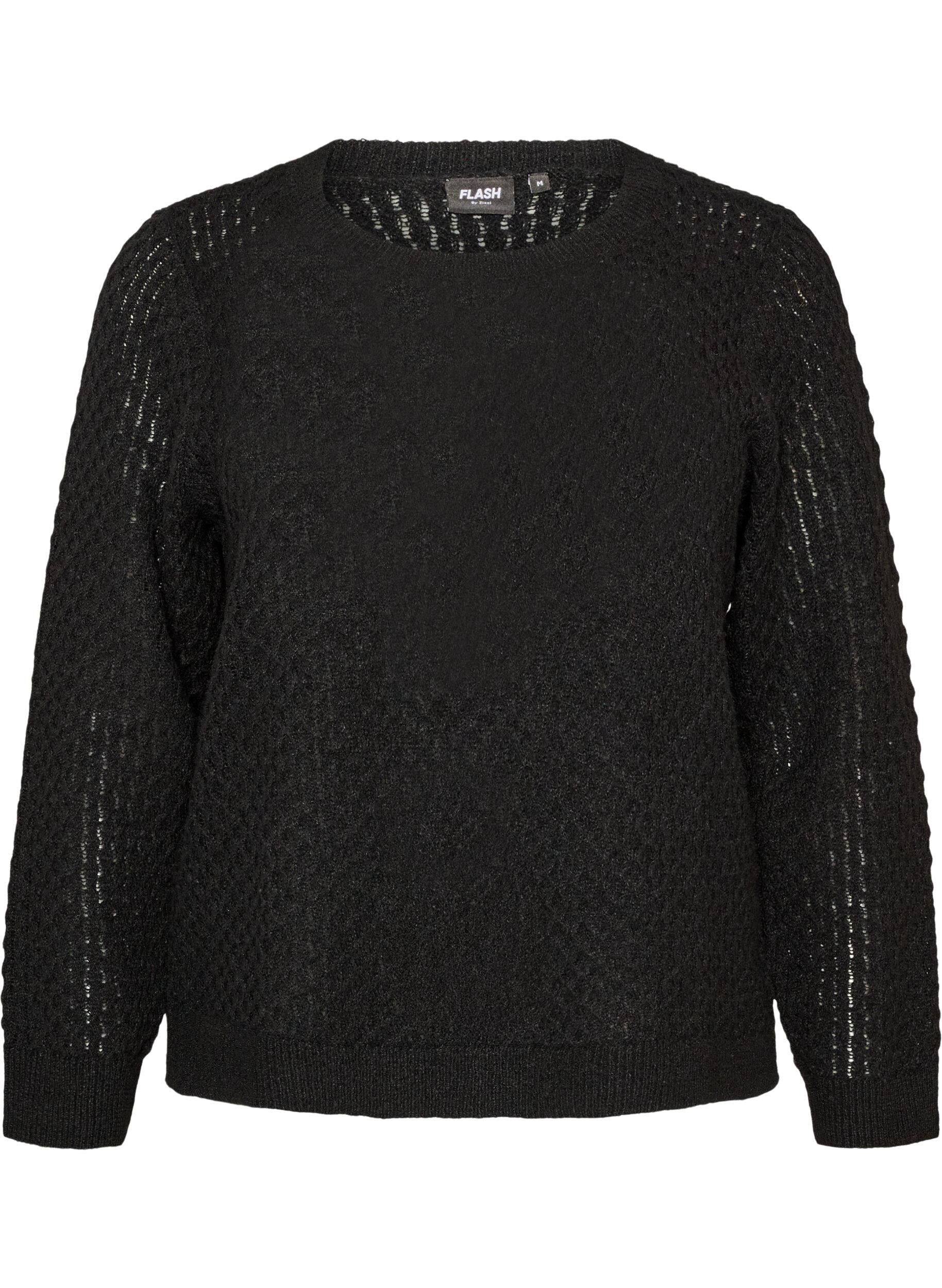 ZizziBlouse en maille avec motif ajour&eacute; textur&eacute;, Noir, Packshot image number 0