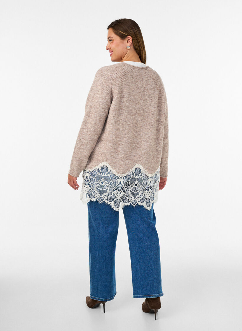 Strickpullover mit Raglan&auml;rmeln und breitem Spitzenbesatz, Beige, Model image number 2