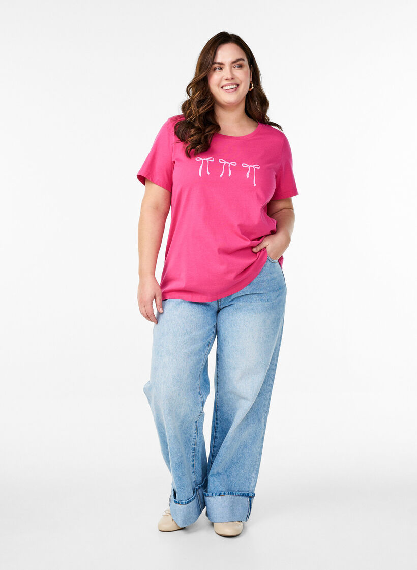 T-shirt en coton avec motif, Raspberry w. Bows, Model image number 2