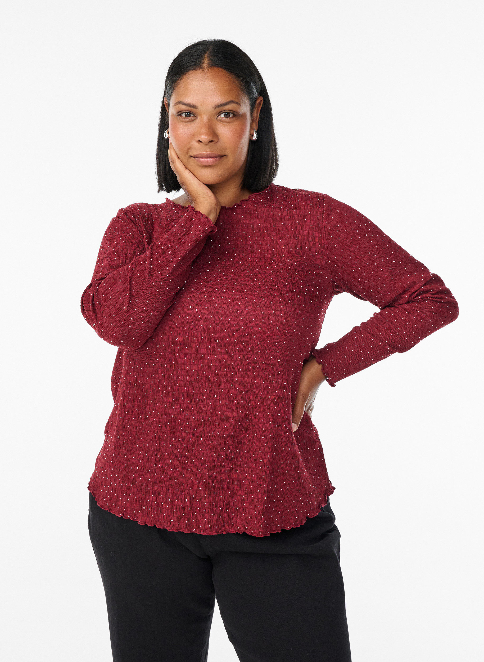 Chemisier &agrave; manches longues avec strass, Bordeaux fonc&eacute;, Model
