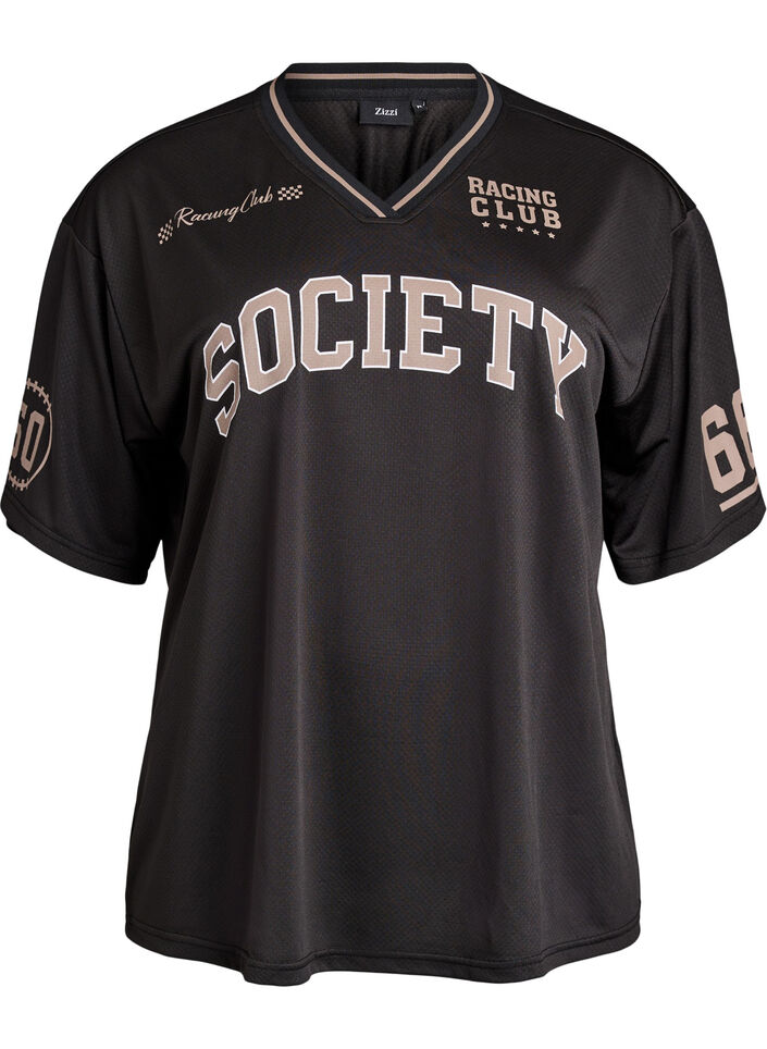 Sportliches T-Shirt mit V-Ausschnitt und Racing-Print, Schwarz, Packshot image number 0