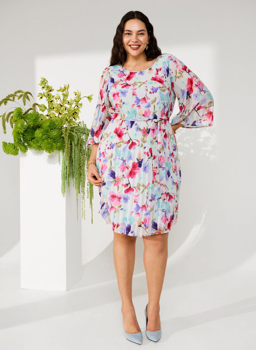 Robe plissée imprimée avec lien à nouer, White/MultiFlowerAOP, Image image number 0