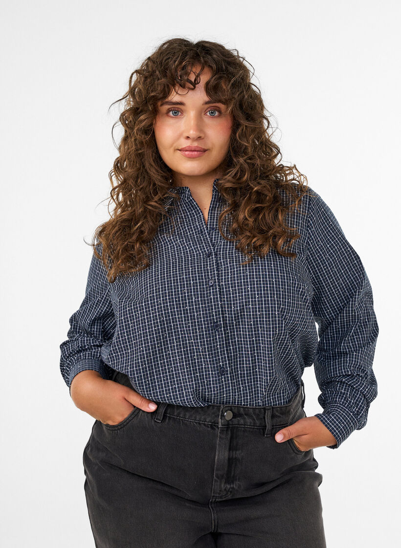 Chemise &agrave; carreaux avec strass, Bleu, Model image number 0