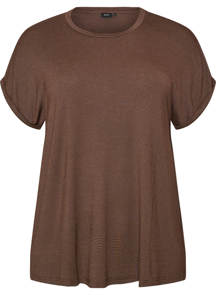 T-Shirt aus Viskose mit Glitzerstreifen, Braun, Packshot image number 0