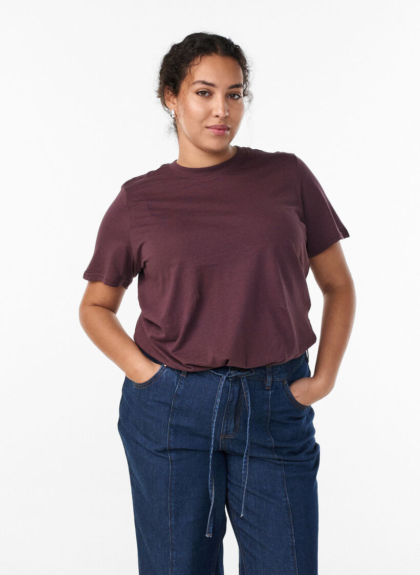 T-shirt basique en coton &agrave; col rond, Bordeaux fonc&eacute;, Model image number 0
