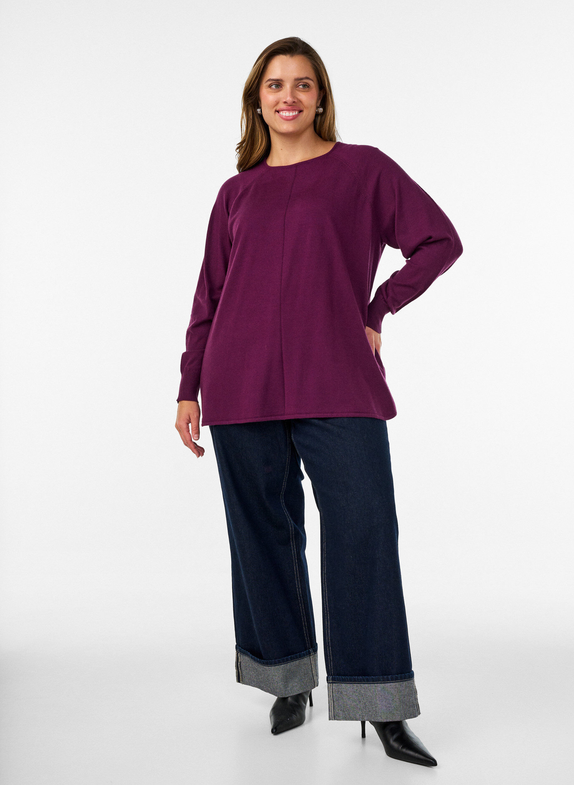 ZizziChemisier en tricot avec col rond et motif tricot, Bordeaux, Model image number 1