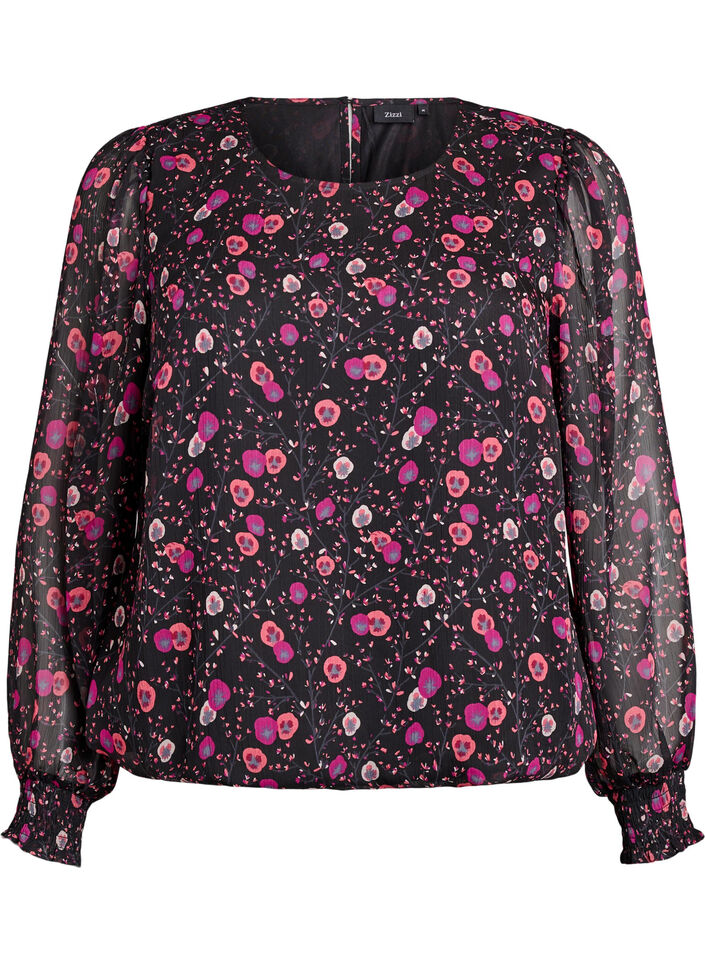 Blouse fleurie en mousseline &agrave; manches transparentes, Noir, Packshot image number 0