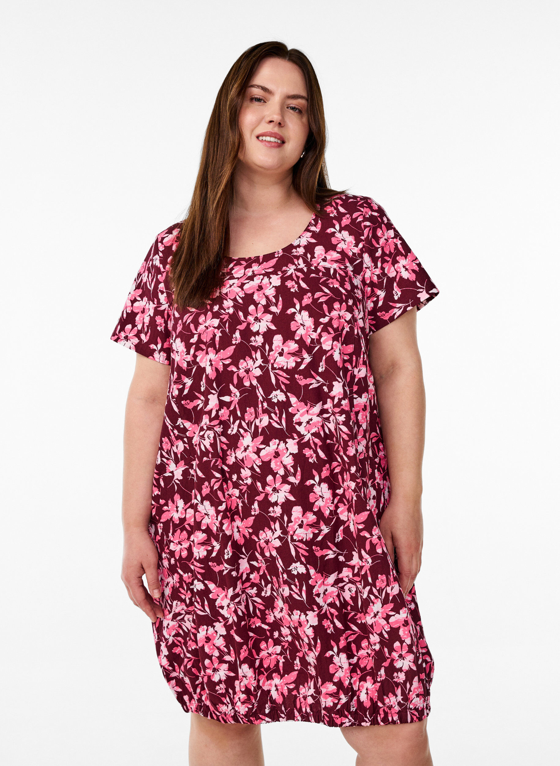Kurz&auml;rmliges Baumwollkleid mit Aufdruck, Dunkles Bordeaux, Model