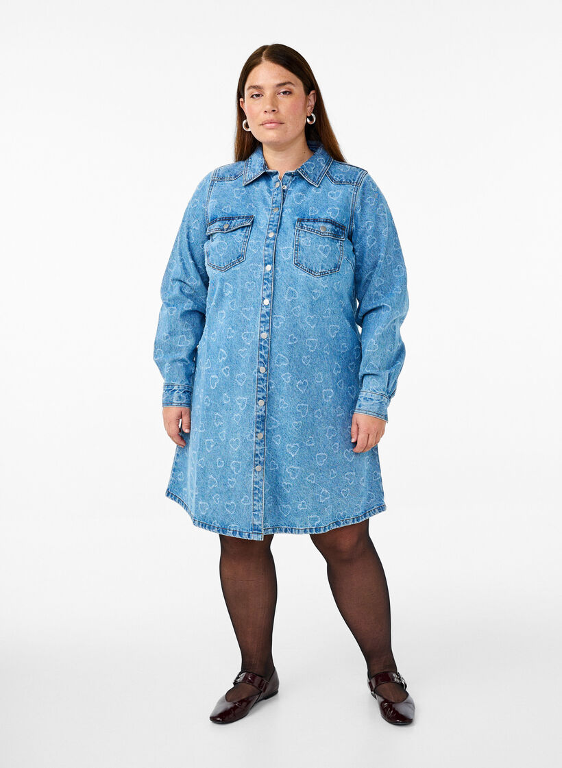 Robes en denim avec motif cœur, Bleu, Model image number 1
