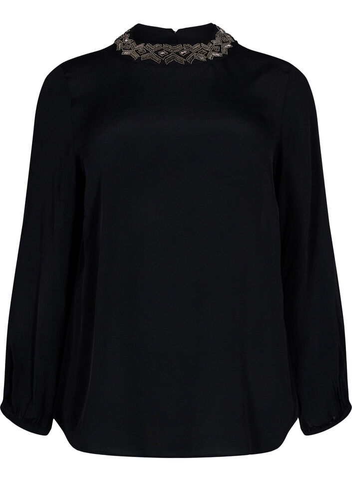 Blouse à manches longues en viscose avec perles, Black, Packshot image number 0