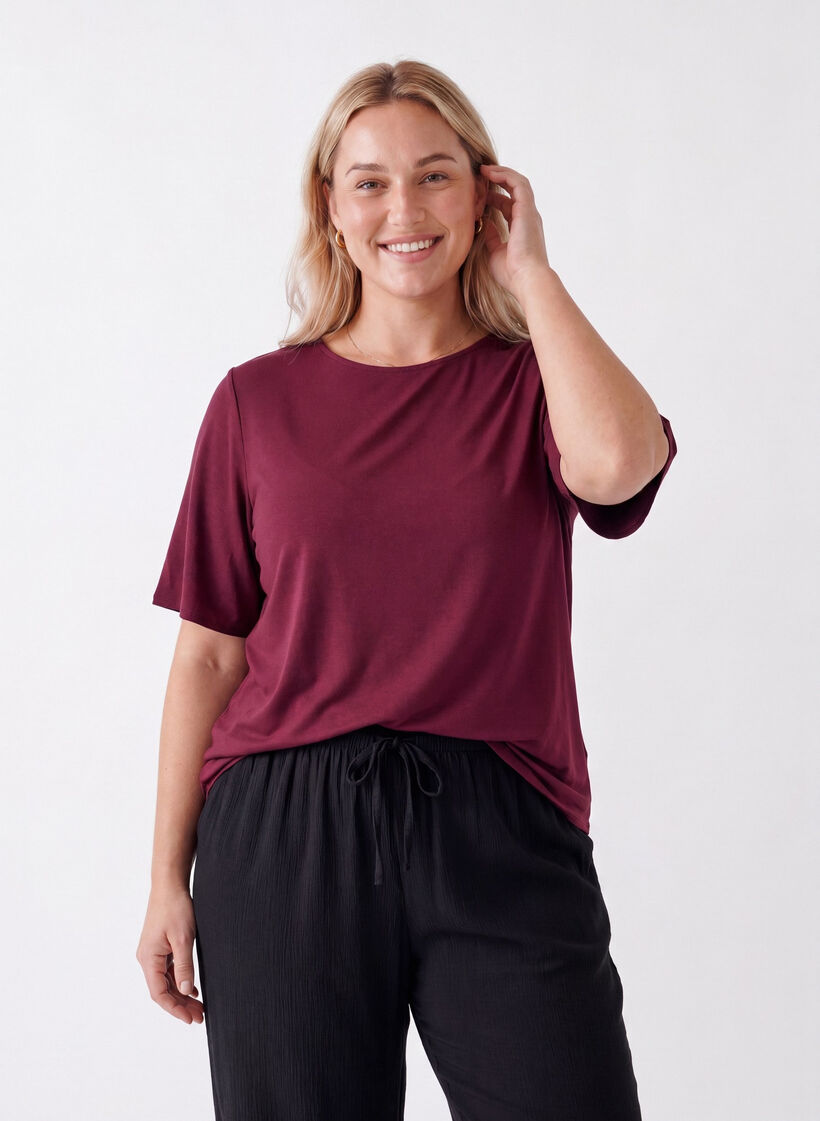 Kurz&auml;rmelige, gewebte Bluse mit Rundhals, Rot, Model image number 0