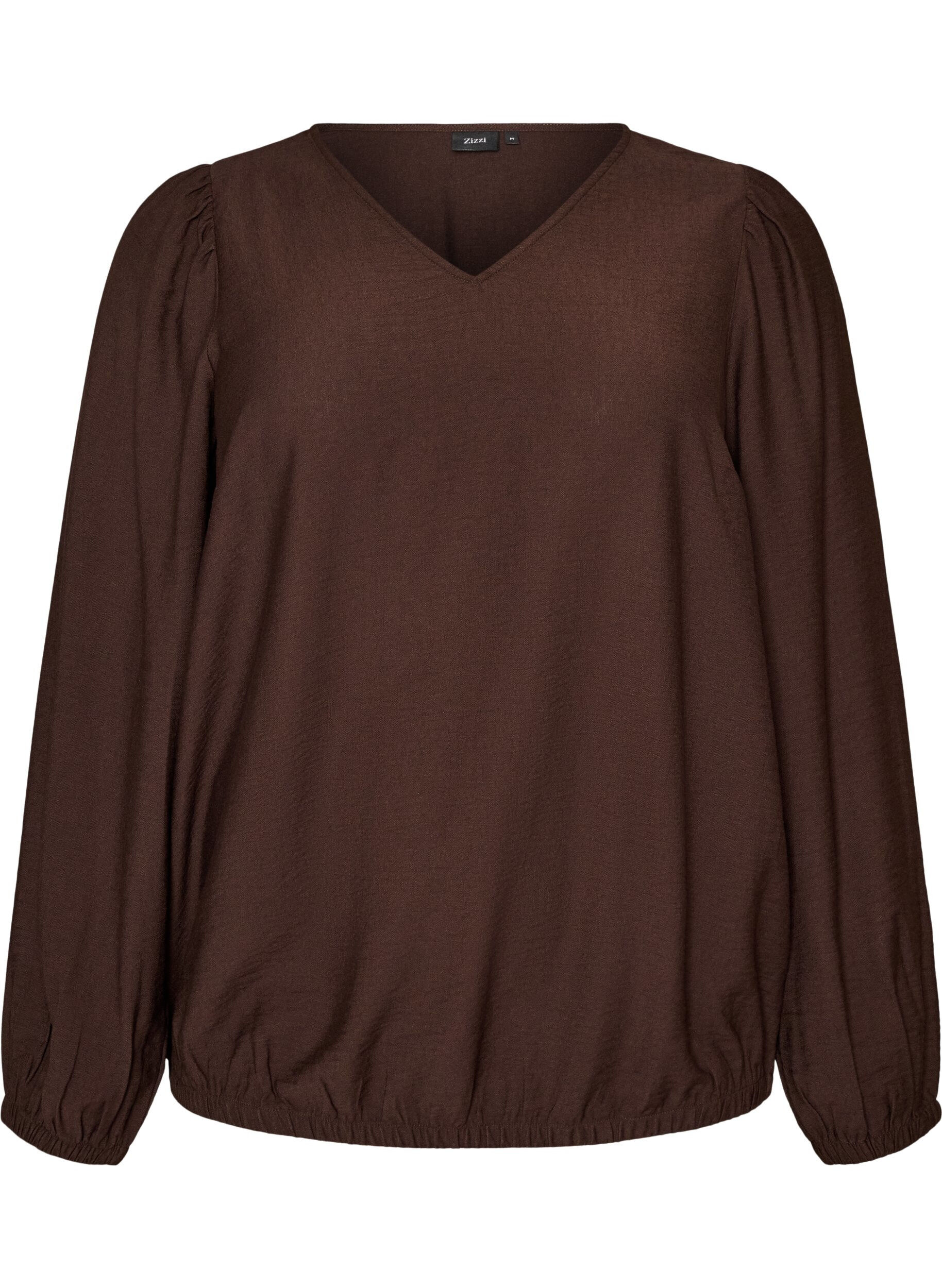 ZizziViskosebluse mit V-Ausschnitt und Ballonform, Braun, Packshot image number 0