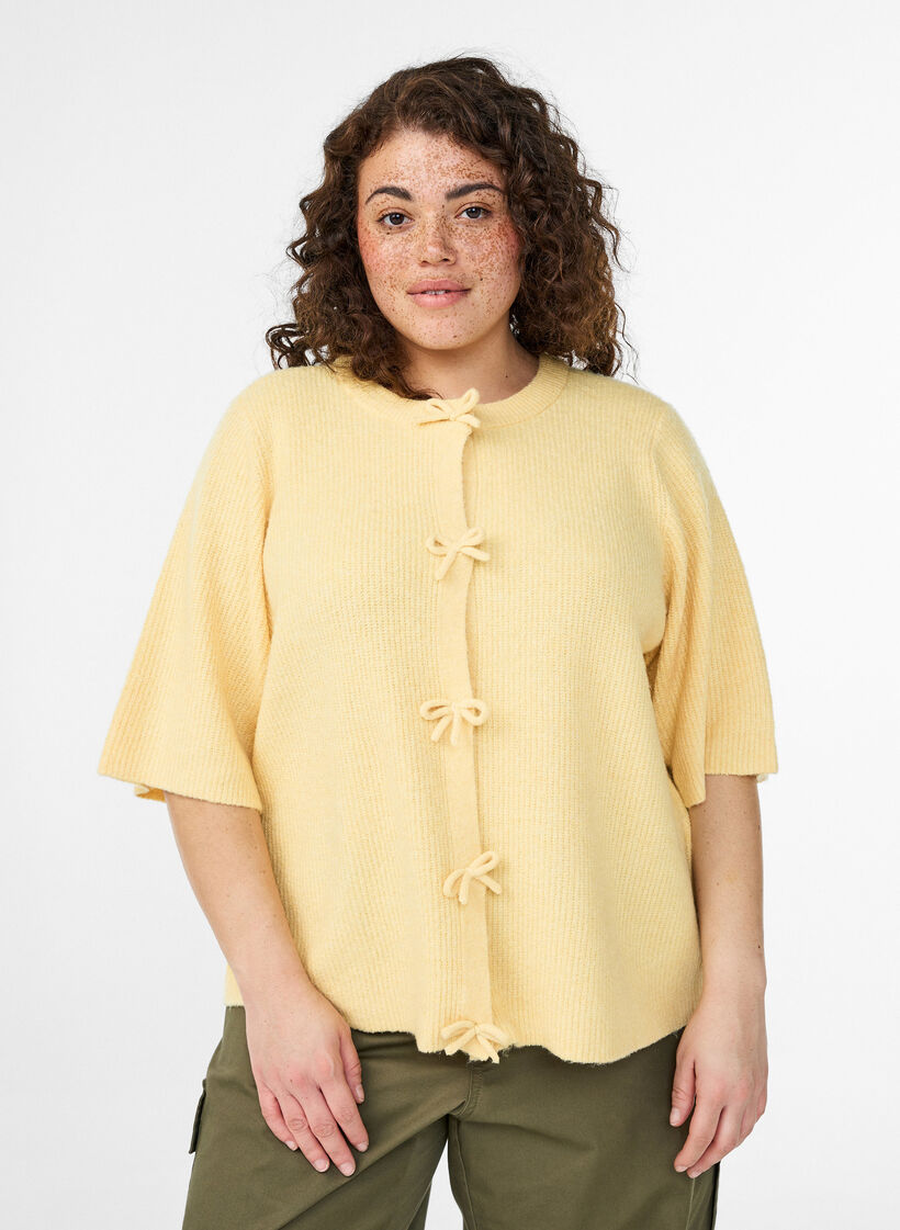 Cardigan en maille &agrave; manches courtes avec des n&oelig;uds, Jaune clair, Model image number 0