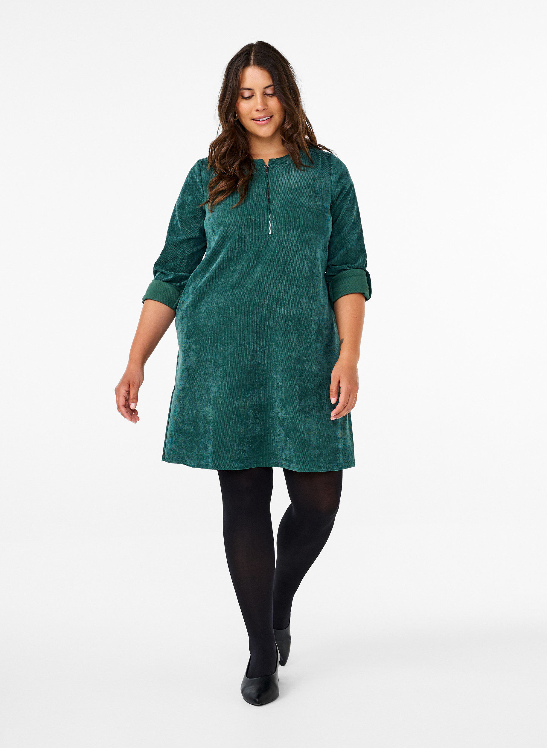 Zizzi Velvet-Kleid mit Rei&szlig;verschluss, Posy Green, Model image number 2