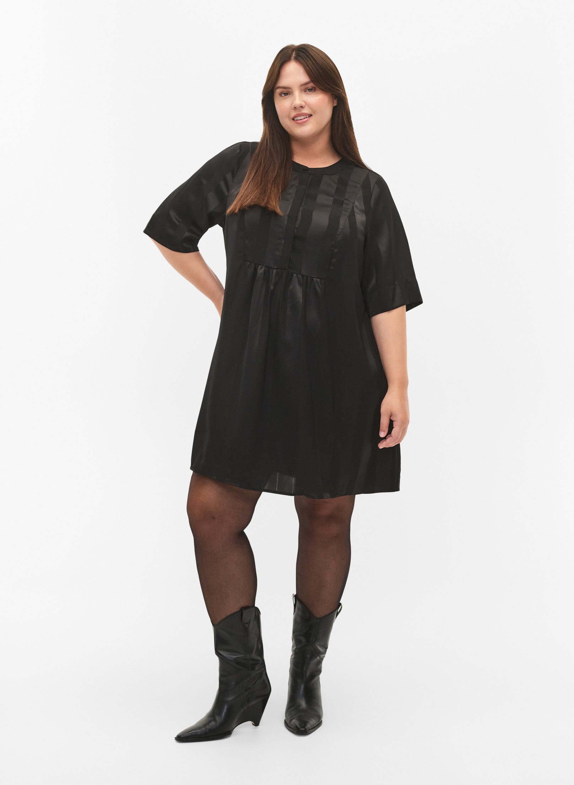 Zizzi A-Linien-Kleid mit Streifen und 1/2-&Auml;rmeln, Black, Model image number 2