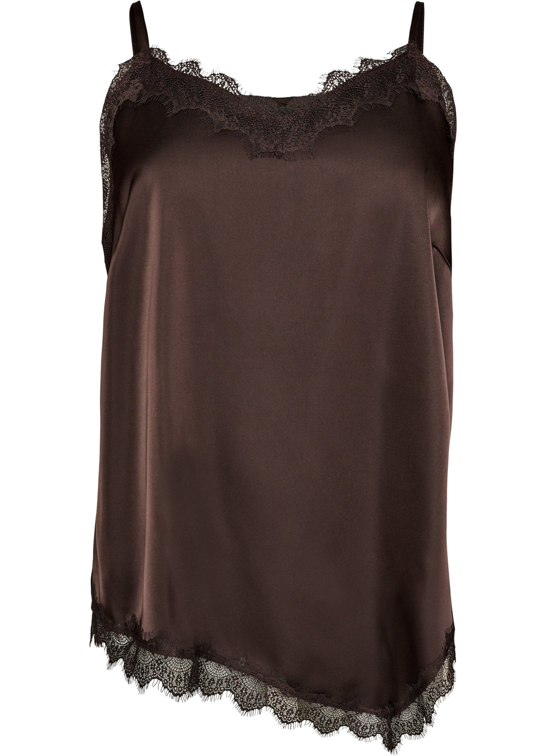 Zizzi Top aus Satin mit Spitzen und asymmetrischem Saum, Braun, Packshot image number 0