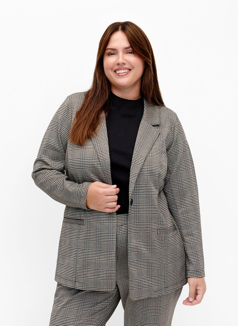 Blazer à carreaux avec fermeture à boutons, Beige Brown Check, Model image number 0